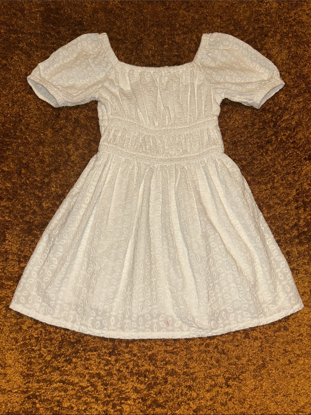 Girls White Eyelet Puff-Sleeve Smocked Waist Dress